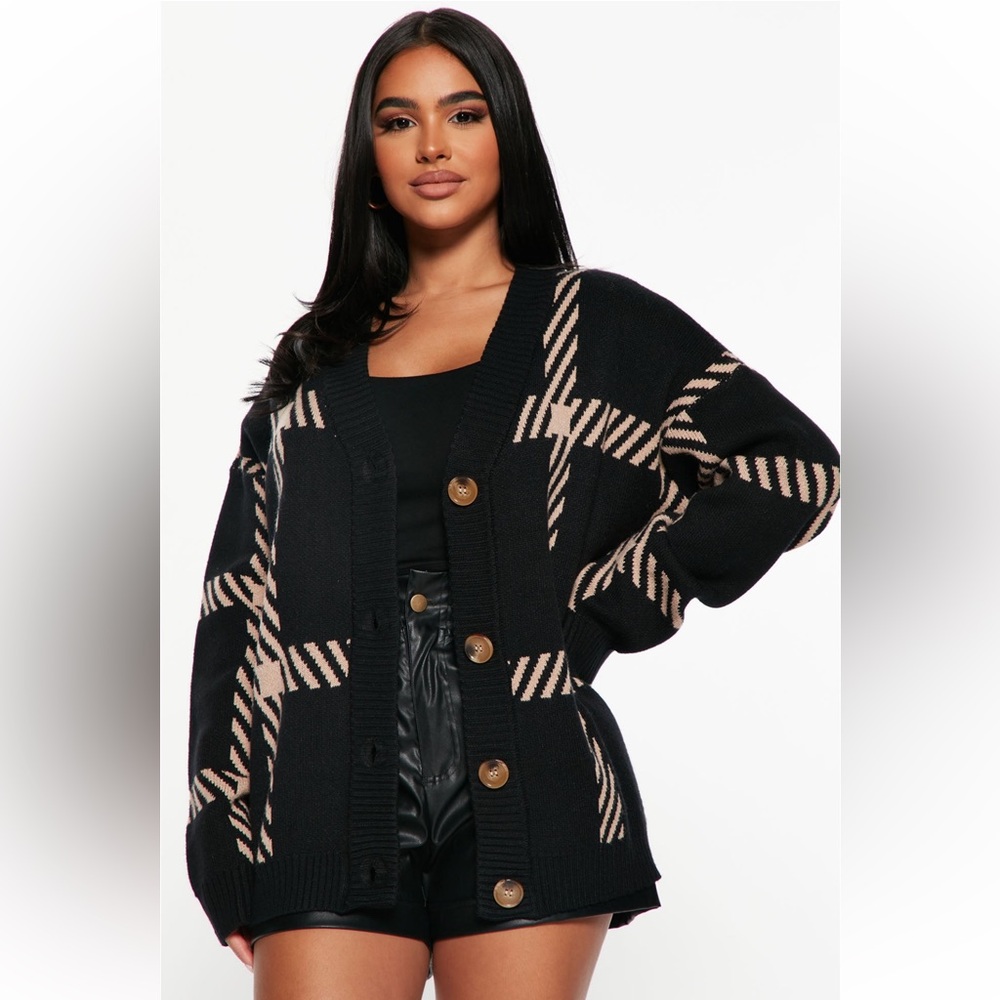 Fashion nova book smart boyfriend cardigan black tan plaid button up